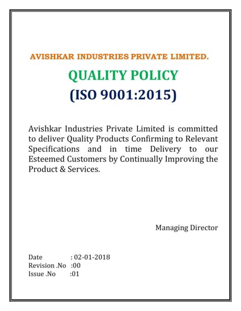 quality policy avishkar industries pvt