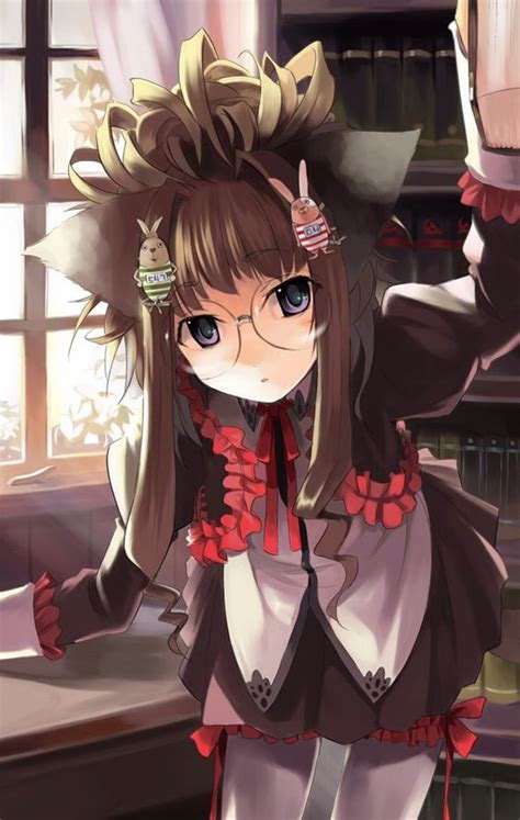 anime girl neko cat ears glasses uniform library window