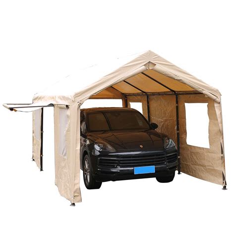 sorara carport    ft heavy duty canopy garage car shelter  windows  sidewalls beige