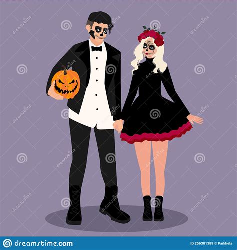 Couple In Holloween Costumes Dia De Los Muertos Stock Vector