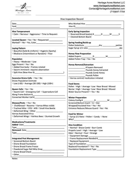 hive inspection form  beekeepers heritage acres market llc