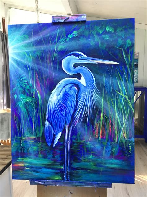 blue heron acrylic painted  joni young gabriola island canada acrylic painting canvas