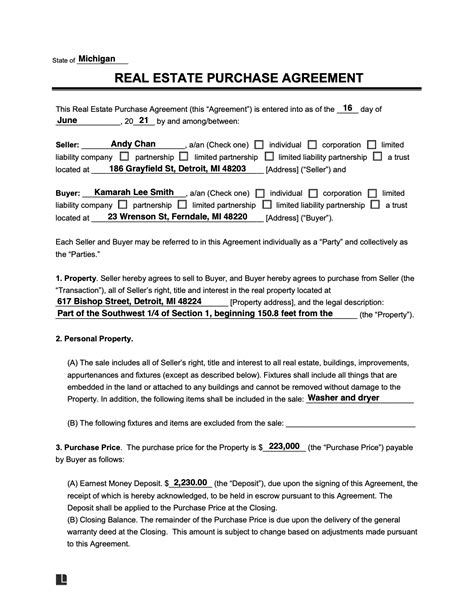 real estate purchase agreement template  word