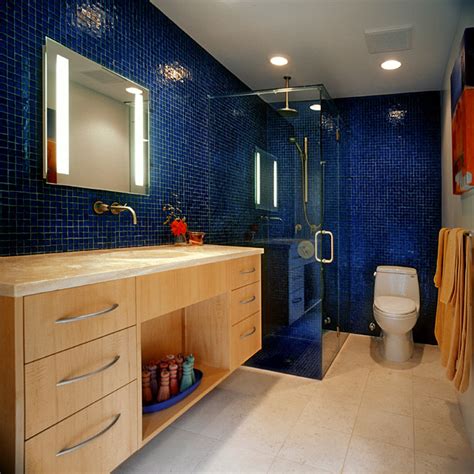 vivid blue tile bathroom contemporary bathroom tampa  strobel design build