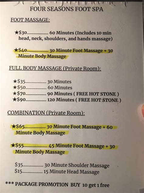 seasons foot body massage spa millbrae ca  services
