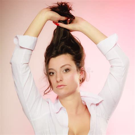 Portrait Of Brunette Girl Long Hair On Pink Stock Image Image Of