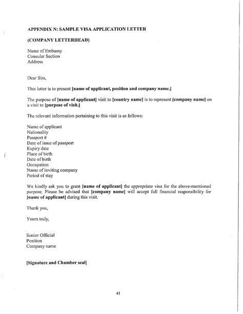 visa application letter format template templates