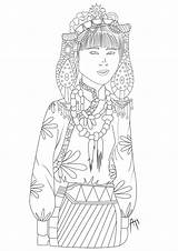 Tibet Coloring Woman Costume Tibetan Traditional Her Young sketch template