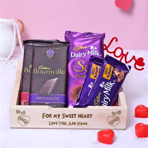 hamper of cadbury chocolates in personalized wooden tray t send