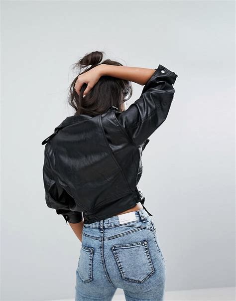 bershka  sleeve cropped leather  jacket  black lyst
