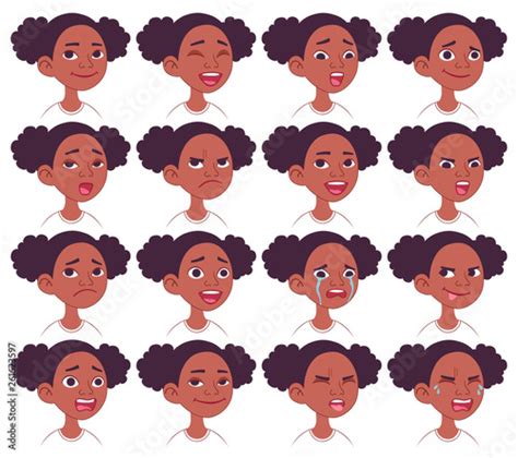 black african american girl s facial emotions set cartoon character