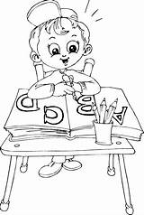 Coloring Desk Sitting Schoolboy Pages School Kids Printable Color Clipart Book Boy Kid Dessins Work sketch template