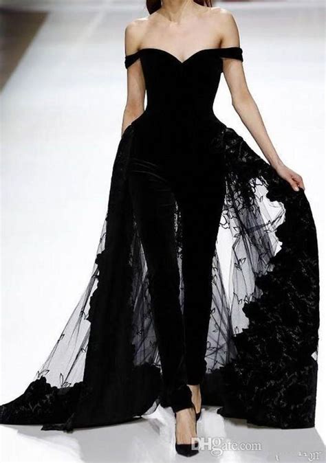 gorgeous  shoulder black jumpsuit evening dresses beaded appliqued tulle overskirt