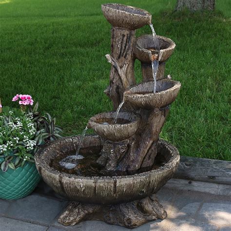 sunnydaze outdoor  tier wooden bowl water fountain  led lights   tall includes