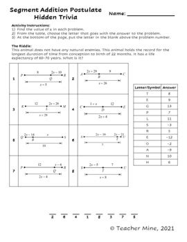 segment addition postulate hidden trivia  teacher  tpt