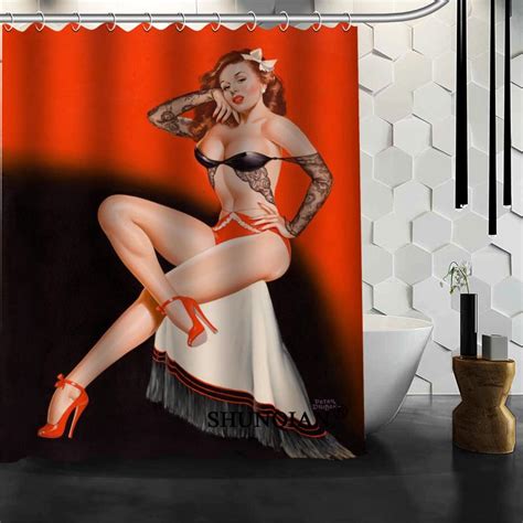 Pin Up Shower Curtain Customized Bath Curtain Waterproof Polyester