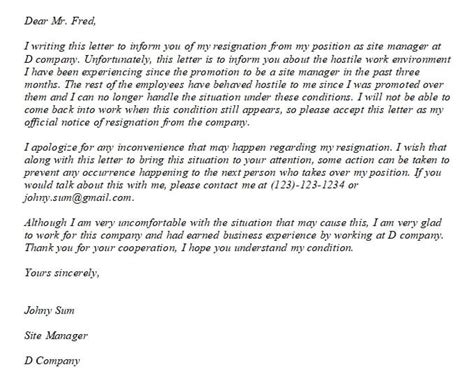 editable resignation letter due  work hostile environment