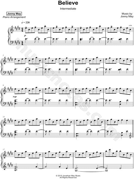jonny may believe [intermediate] sheet music piano solo in e major download and print sku