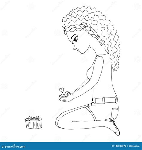 portrait young beautiful girl   long hair coloring page stock