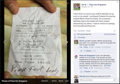 Pizza Hut Apologises For Pink Fat Lady Receipt Note