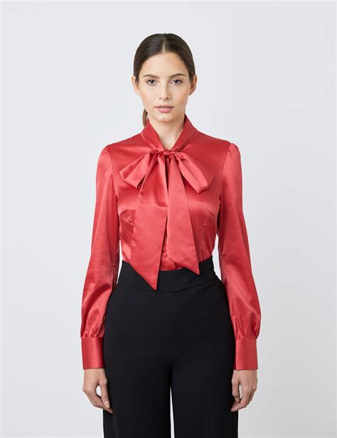 women s red fitted luxury satin blouse pussy bow hawes and curtis