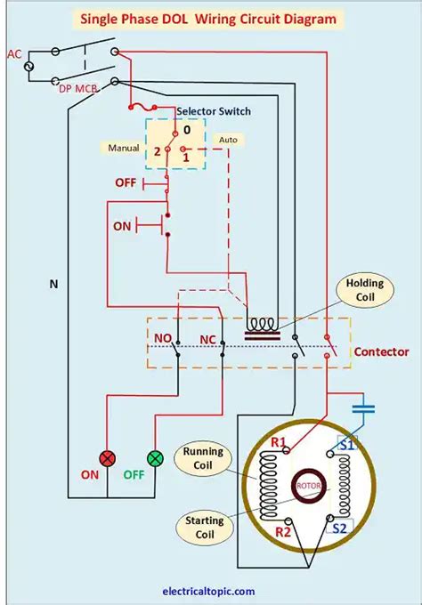 single phase motor dol starter wiring control diagram working principle