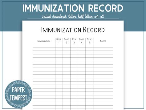 printable immunization record template printable vaccine log etsy