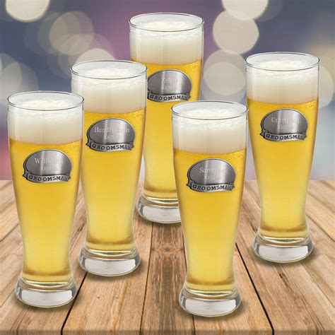 Set Of 5 Personalized Pilsner Glasses With Pewter Medallion 20 Oz
