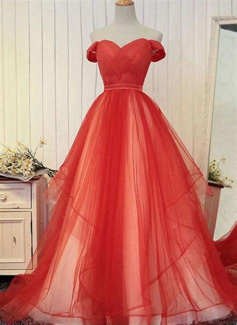 ruby outfit princess tulle  shoulder long prom dress evening gown   formal dresses
