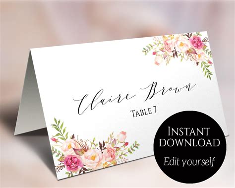 place card template wedding place cards editable place etsy