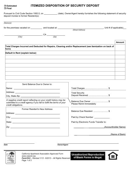 security deposit return receipt form page    edit