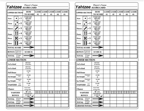 yahtzee score card fill  printable  forms