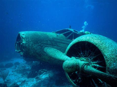 underwater airplane wreckage  wwii era location  photographer unknown