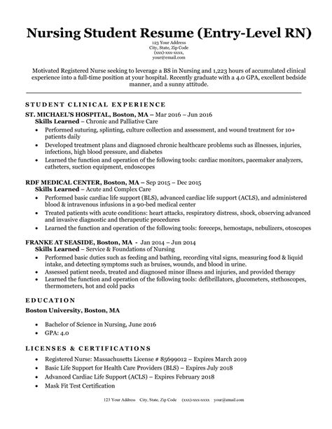 nursing resume templates  graduate nurse nursing student resume