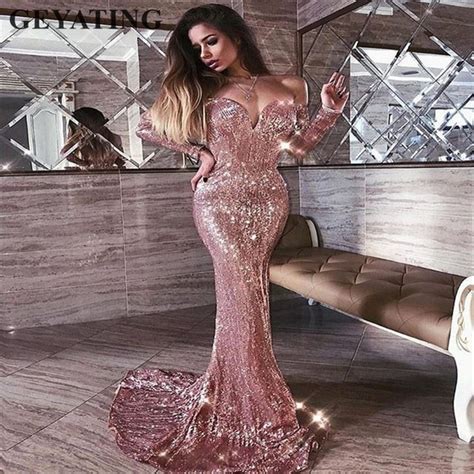 Rose Gold V Neck Off Shoulder Sequin Mermaid Prom Dresses With Long