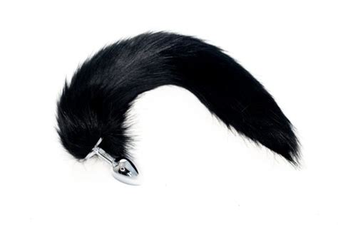 14″ Black Faux Fox Cat Tail With Stainless Steel Butt Plug