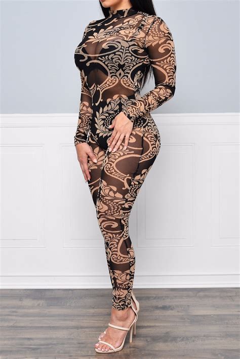 sexy round neck long sleeves clairvoyant print polyester one piece