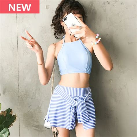 2017 Two Piece Swimsuit Teenager Girl Stripe Skirt Swimwear Crop Top