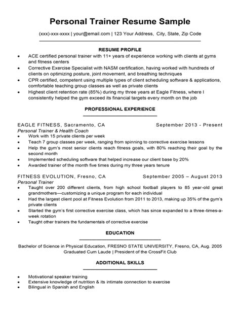 personal trainer resume sample writing tips resume companion