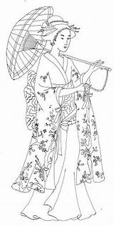 Coloriage Chinois Kimono Geisha Japanische Japonaise Radieuse Japonais Asiatique Gueixas Japoneses Broderie Modele Adultos Parasol Gueixa Chine Dover Mandala Pochoirs sketch template