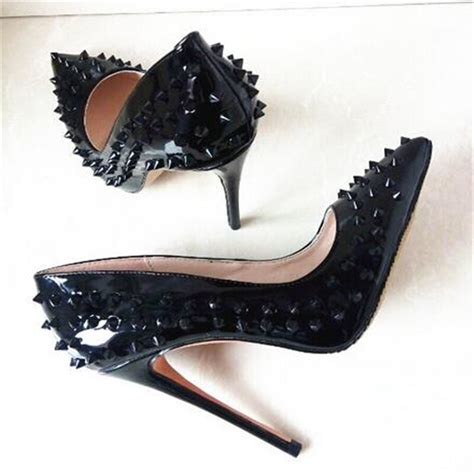 New Fashion Black Sexy Rivets Stiletto Heels Pointed Toe Leather Dress