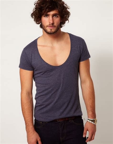 lyst asos  shirt  deep scoop neck  blue  men