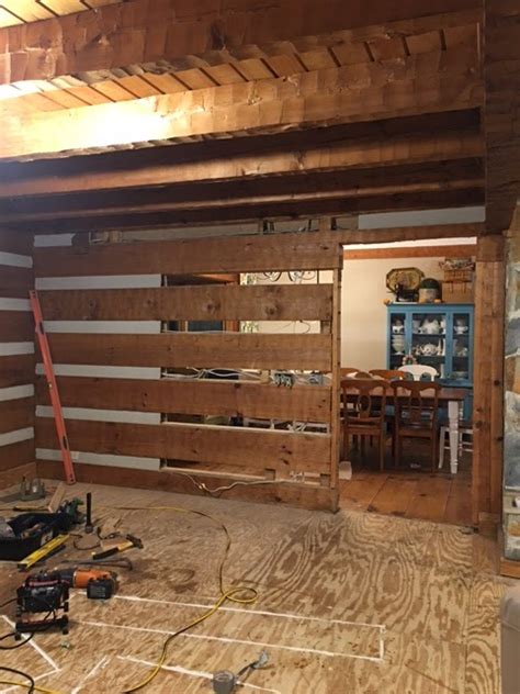 hood creek log cabin living room renovation  room challenge removing  log wall
