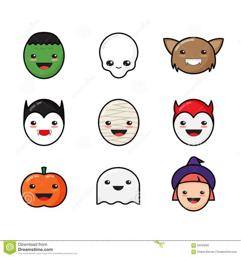 cute kawaii halloween icons set funny monster stock