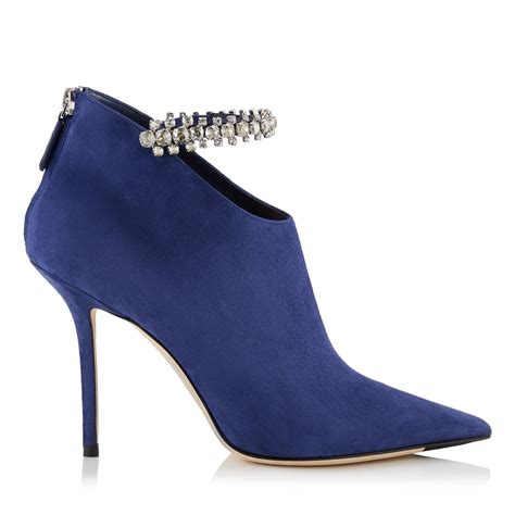 jimmy choo blaize  pop blue suede booties  crystal strap  icons