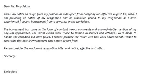 resignation letter due   hostile work environment   sample