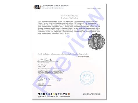 official letter  good standing universal life church