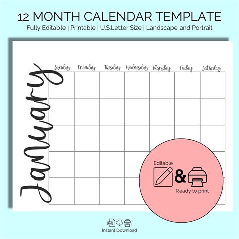 calendar template editable  month blank calendars undated instant