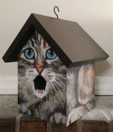 bird house hand painted custom gray tabby cat wood outdoor etsy   bird houses painted