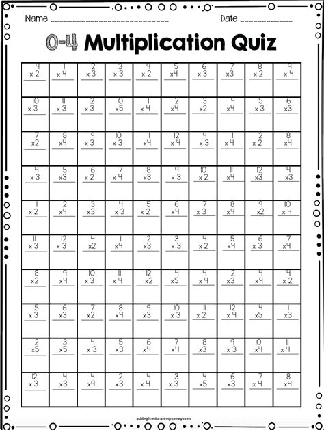 multiplication facts quiz printable